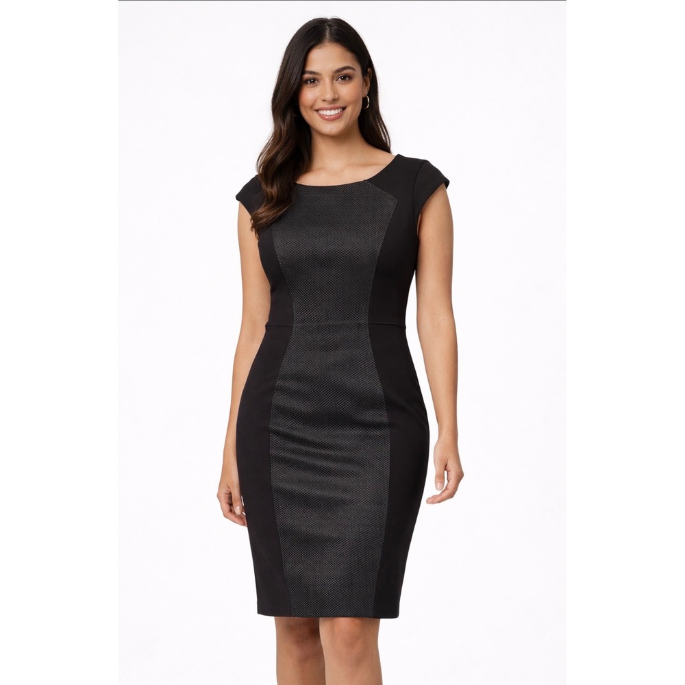 Black Cap Sleeve Sheath Dress with Textured Jacquard Panel 12R 290-0041-202